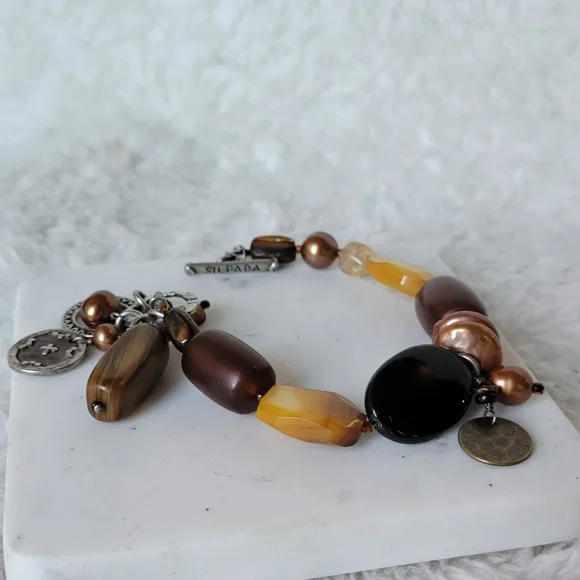 SILPADA Beaded Gemstone Bracelet w/ Shell, Horn, Glass, Pearls, Sterling, Bronze - Picture 3 of 8